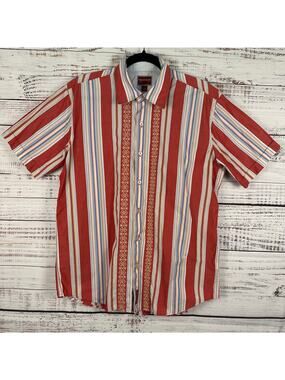 Mens VTG Y2K Tommy HILFIGER Red Label Cotton Embroidered Stripe SS Button Up MED